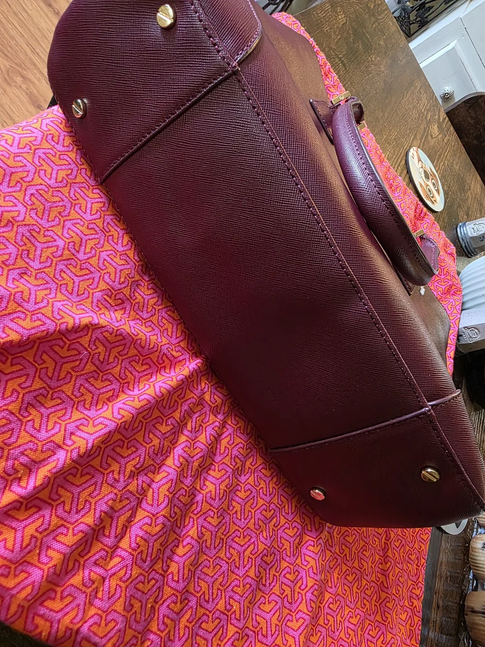 Tory Burch Plum Leather Double-Handle Tote with Gold Logo